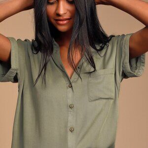 Lulus Blythe Olive Green Short Sleeve Button-up Top - Size M